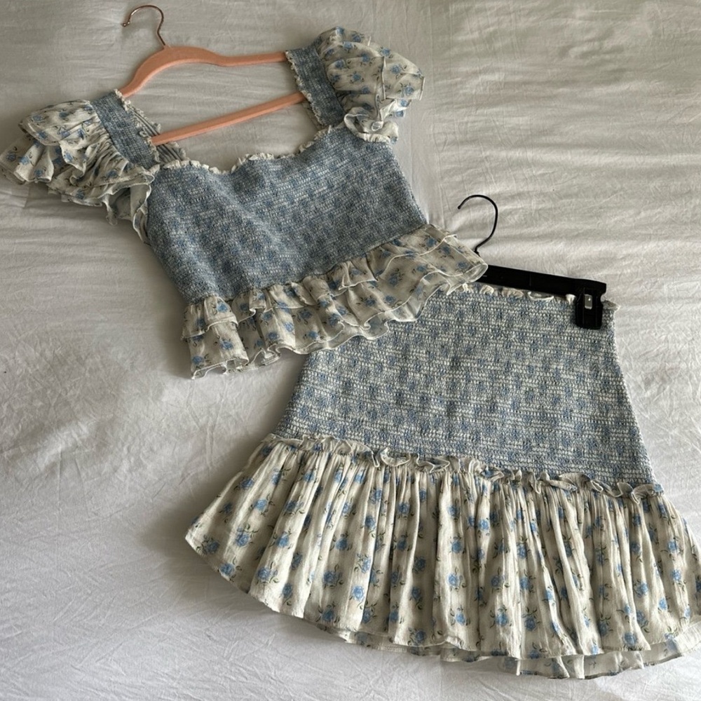 LoveShackFancy Wrennly Top and Roux Mini Skirt in Powder Blue